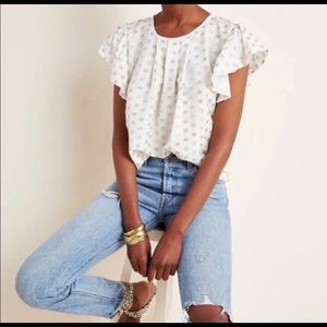 ANTHROPOLOGIE ARIA SHIMMER BLOUSES RUFFLES SLEEVES POLKA-DOT